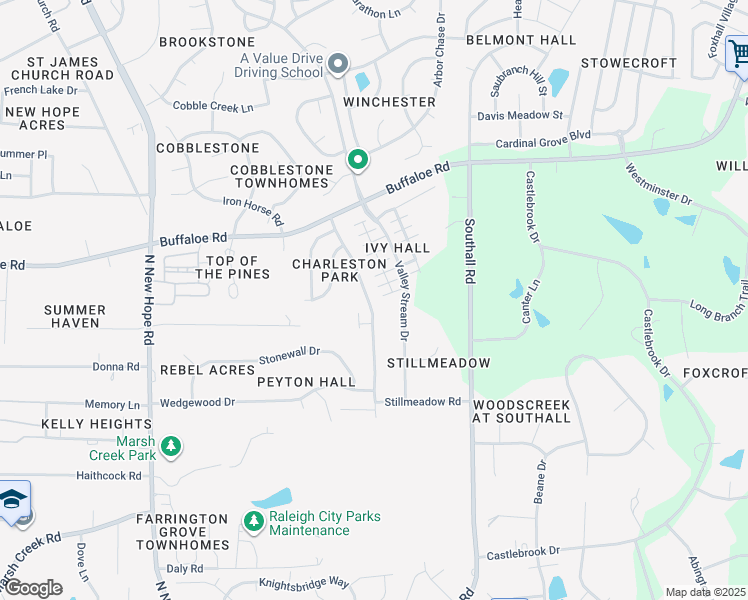 map of restaurants, bars, coffee shops, grocery stores, and more near 3816 Charleston Park Drive in Raleigh
