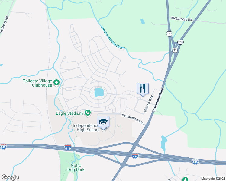 map of restaurants, bars, coffee shops, grocery stores, and more near 3218 Natoma Circle in Thompson's Station