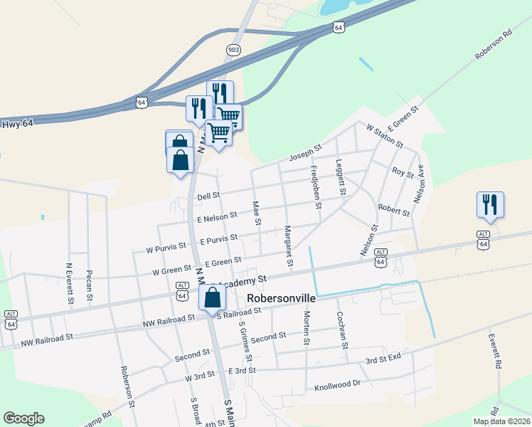 map of restaurants, bars, coffee shops, grocery stores, and more near 303 East Nelson Street in Robersonville