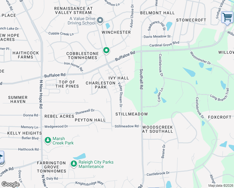 map of restaurants, bars, coffee shops, grocery stores, and more near 3816 Charleston Park Drive in Raleigh