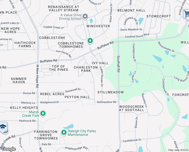 map of restaurants, bars, coffee shops, grocery stores, and more near 3816 Charleston Park Drive in Raleigh