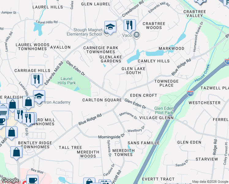 map of restaurants, bars, coffee shops, grocery stores, and more near 3803 Cottage Rose Lane in Raleigh