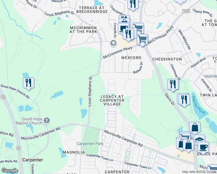 map of restaurants, bars, coffee shops, grocery stores, and more near 600 Baucom Grove Court in Cary