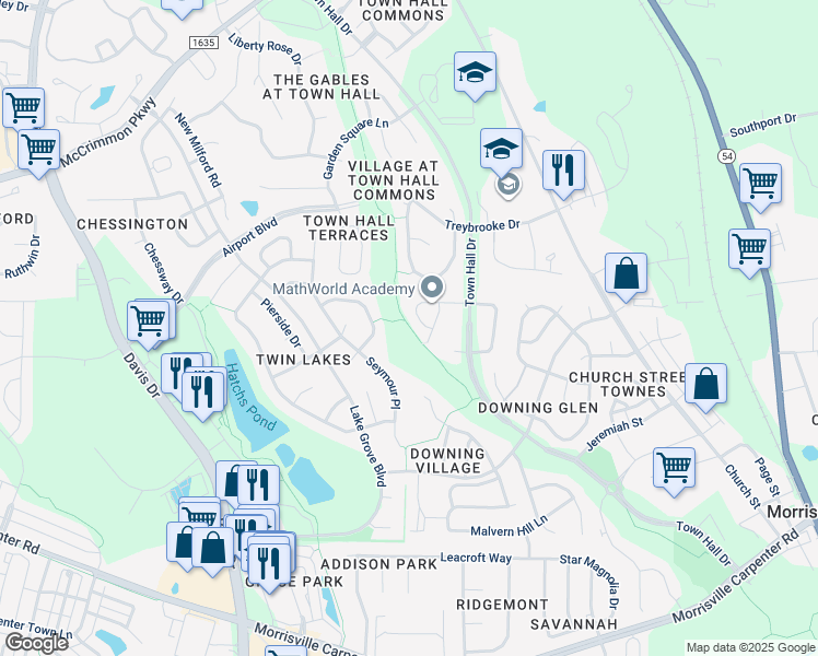 map of restaurants, bars, coffee shops, grocery stores, and more near Indian Creek Greenway in Morrisville
