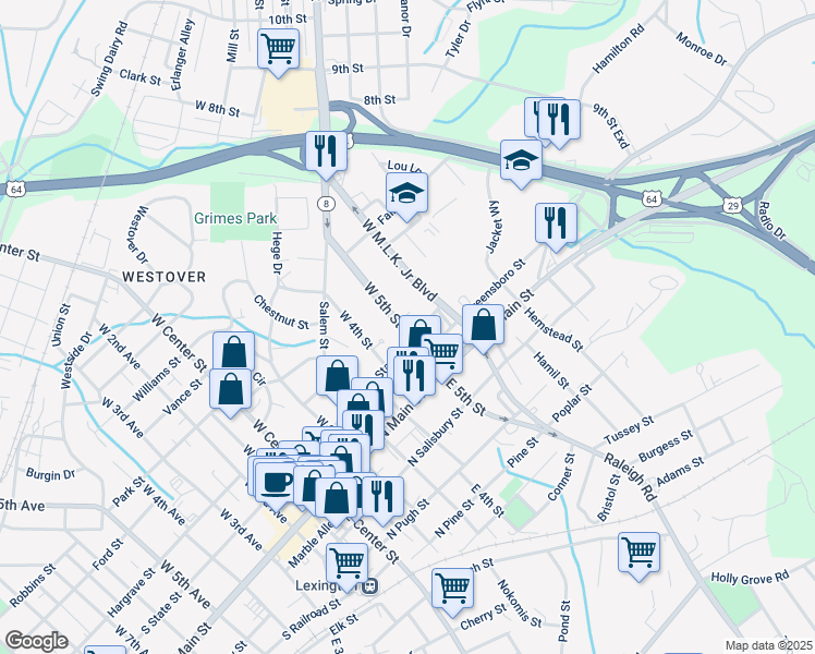 map of restaurants, bars, coffee shops, grocery stores, and more near 212 West 5th Street in Lexington
