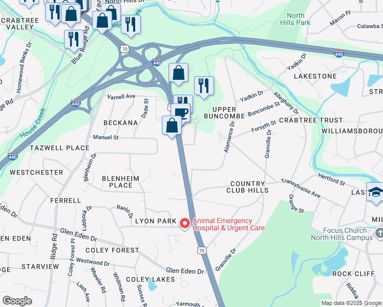 map of restaurants, bars, coffee shops, grocery stores, and more near 3600 U.S. 70 in Raleigh