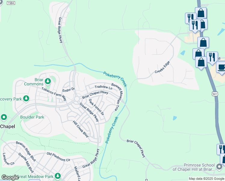 map of restaurants, bars, coffee shops, grocery stores, and more near 1354 Briar Chapel Parkway in Chapel Hill