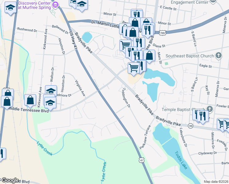 map of restaurants, bars, coffee shops, grocery stores, and more near 1233 Southeast Broad Street in Murfreesboro