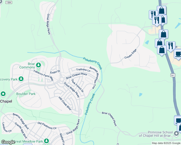 map of restaurants, bars, coffee shops, grocery stores, and more near 1354 Briar Chapel Parkway in Chapel Hill