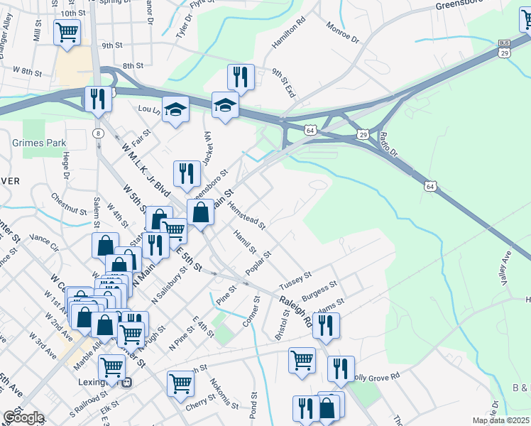 map of restaurants, bars, coffee shops, grocery stores, and more near 7 Jamaica Drive in Lexington