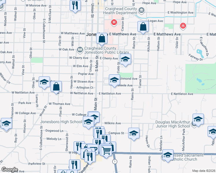 map of restaurants, bars, coffee shops, grocery stores, and more near 221 Steele Avenue in Jonesboro