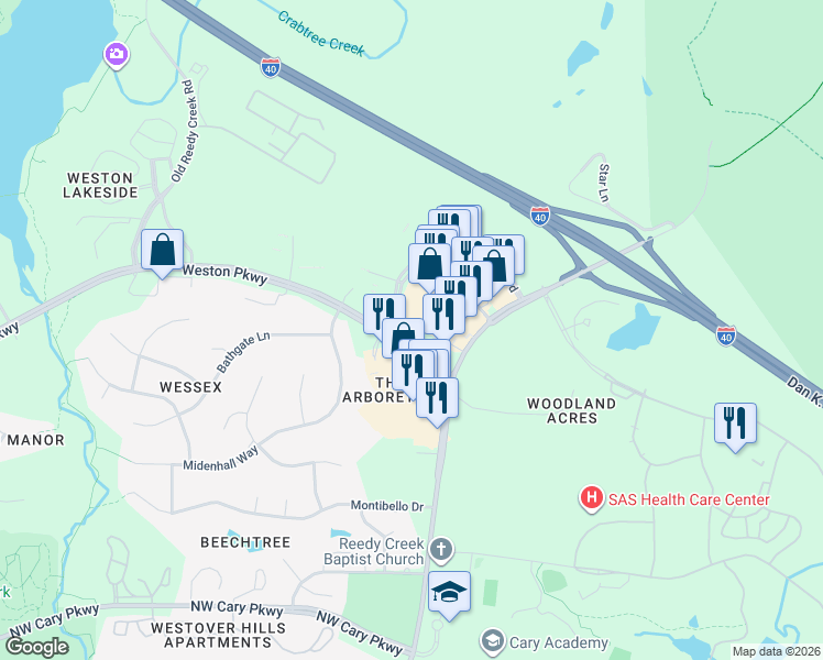 map of restaurants, bars, coffee shops, grocery stores, and more near 400 Weston Parkway in Cary