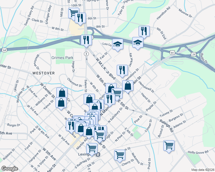 map of restaurants, bars, coffee shops, grocery stores, and more near 444 North State Street in Lexington