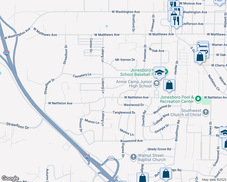 map of restaurants, bars, coffee shops, grocery stores, and more near 1307 Santa Fe Circle in Jonesboro