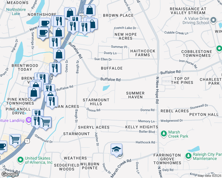 map of restaurants, bars, coffee shops, grocery stores, and more near 3601 Durwood Lane in Raleigh