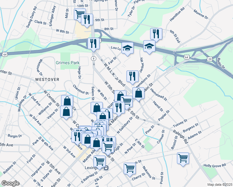 map of restaurants, bars, coffee shops, grocery stores, and more near in Lexington