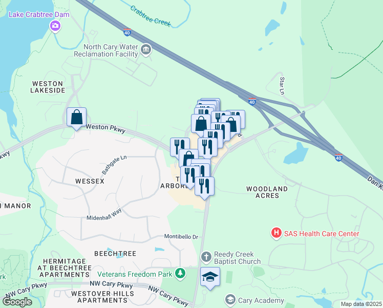 map of restaurants, bars, coffee shops, grocery stores, and more near 600 Weston Parkway in Cary