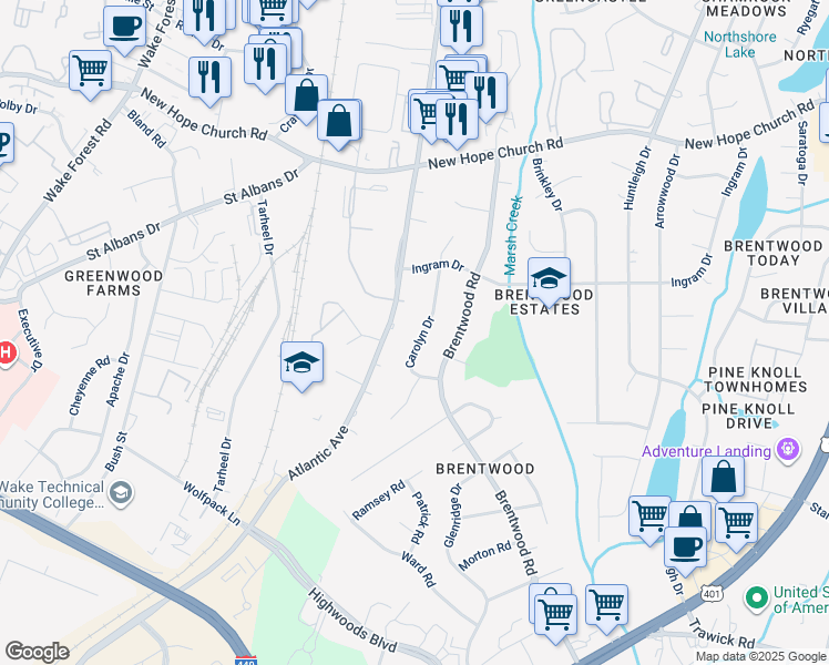 map of restaurants, bars, coffee shops, grocery stores, and more near 3505 Carolyn Drive in Raleigh