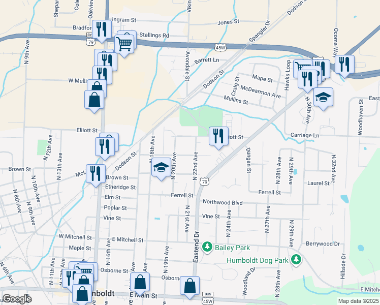 map of restaurants, bars, coffee shops, grocery stores, and more near 2110 Campbell Street in Humboldt
