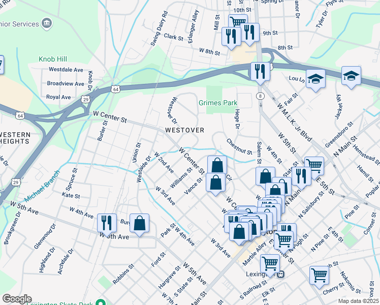 map of restaurants, bars, coffee shops, grocery stores, and more near 408 West Center Street in Lexington