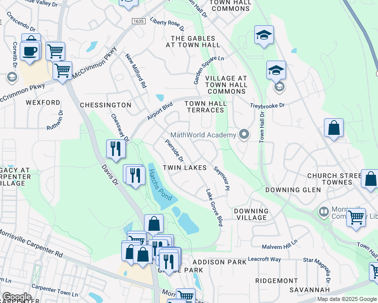 map of restaurants, bars, coffee shops, grocery stores, and more near 5025 Lake Grove Boulevard in Cary