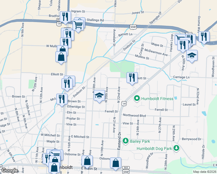 map of restaurants, bars, coffee shops, grocery stores, and more near 2003 Campbell Street in Humboldt