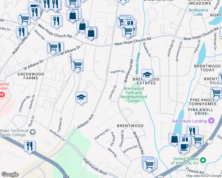 map of restaurants, bars, coffee shops, grocery stores, and more near 3505 Carolyn Drive in Raleigh