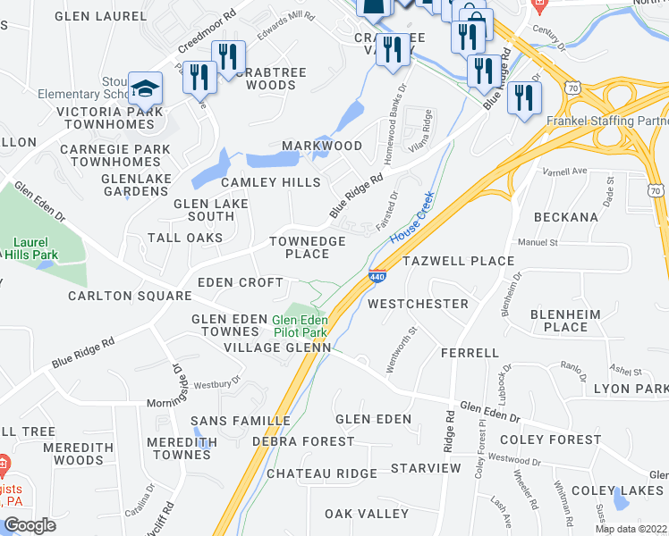 map of restaurants, bars, coffee shops, grocery stores, and more near 2707 Townedge Court in Raleigh