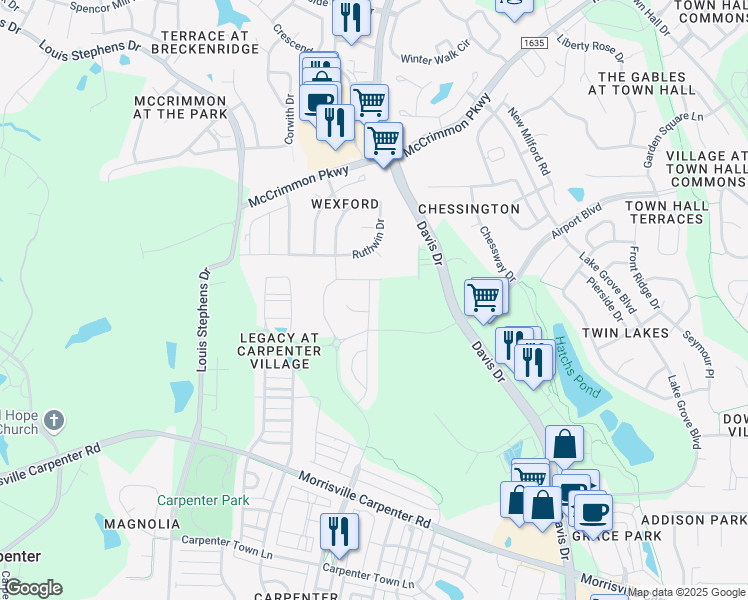 map of restaurants, bars, coffee shops, grocery stores, and more near 1308 Bravura Drive in Cary