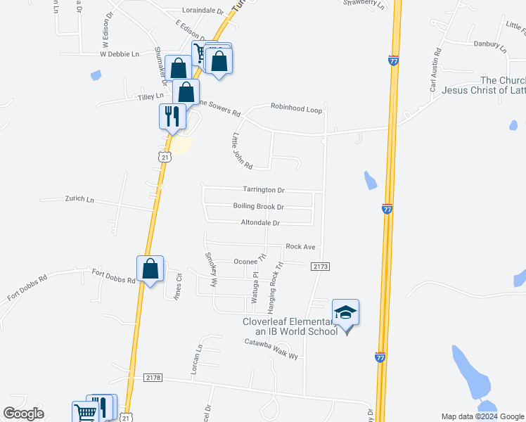 map of restaurants, bars, coffee shops, grocery stores, and more near 125 Valencia Lane in Statesville
