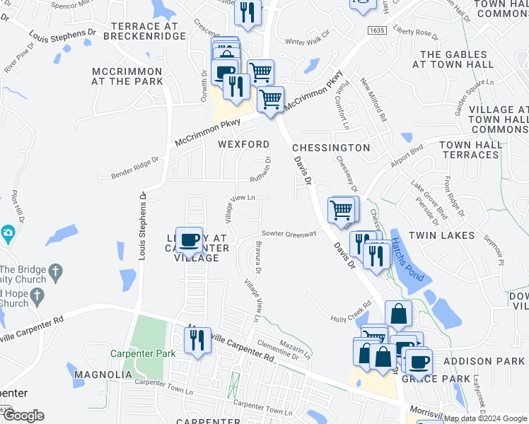 map of restaurants, bars, coffee shops, grocery stores, and more near 1308 Bravura Drive in Cary
