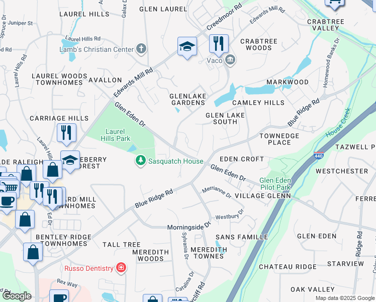 map of restaurants, bars, coffee shops, grocery stores, and more near 3811 Cottage Rose Lane in Raleigh
