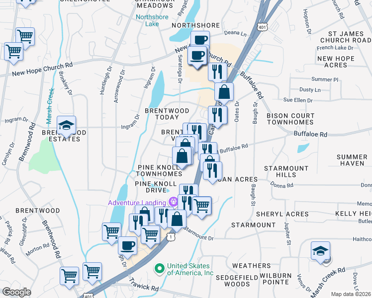 map of restaurants, bars, coffee shops, grocery stores, and more near 3501-131 Capital Boulevard in Raleigh