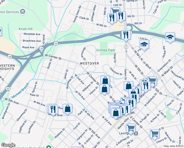 map of restaurants, bars, coffee shops, grocery stores, and more near 408 West Center Street in Lexington