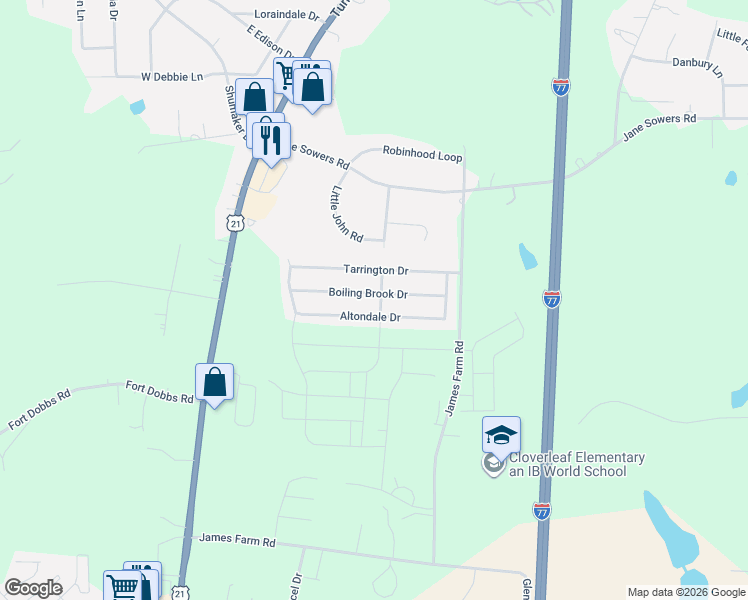 map of restaurants, bars, coffee shops, grocery stores, and more near 156 Altondale Drive in Statesville