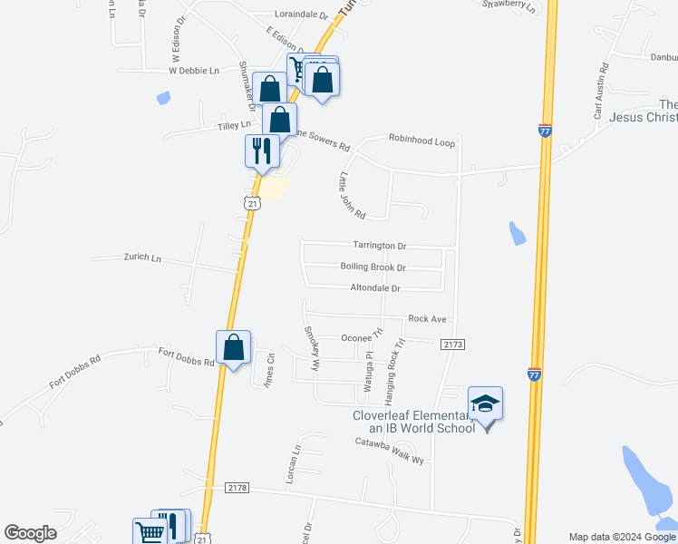 map of restaurants, bars, coffee shops, grocery stores, and more near 173 Boiling Brook Drive in Statesville