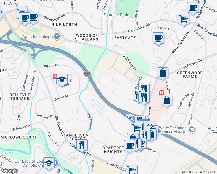 map of restaurants, bars, coffee shops, grocery stores, and more near 816 Navaho Drive in Raleigh