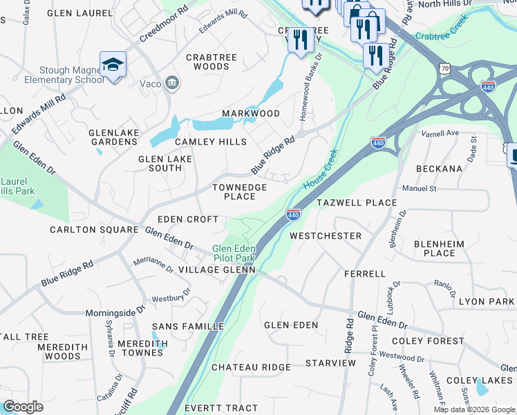 map of restaurants, bars, coffee shops, grocery stores, and more near 2707 Townedge Court in Raleigh
