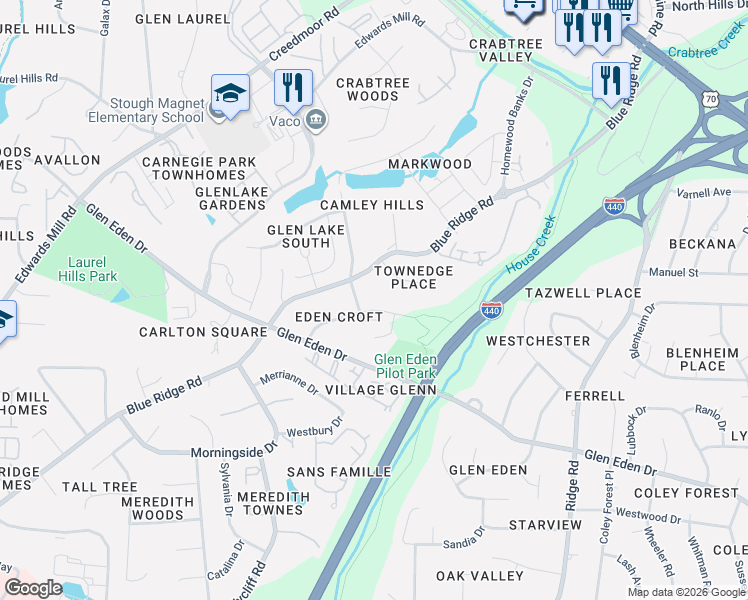 map of restaurants, bars, coffee shops, grocery stores, and more near 3620 Eden Croft Drive in Raleigh