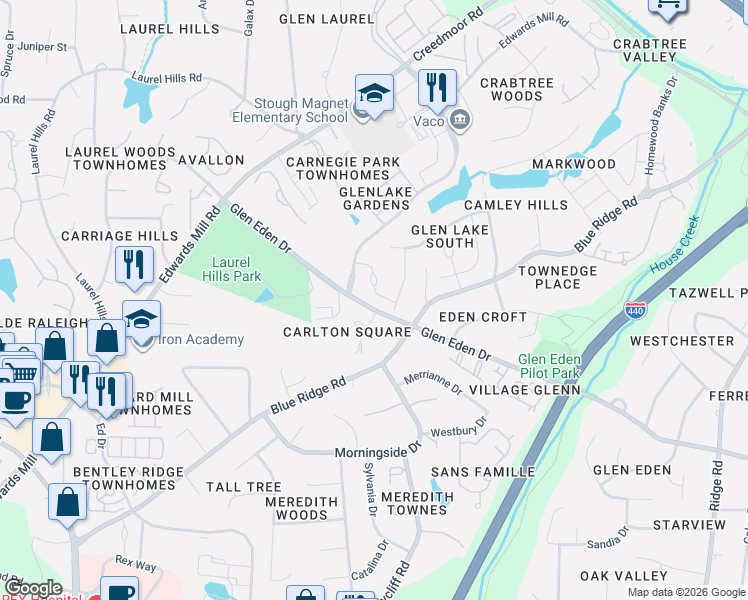 map of restaurants, bars, coffee shops, grocery stores, and more near 3803 Cottage Rose Lane in Raleigh
