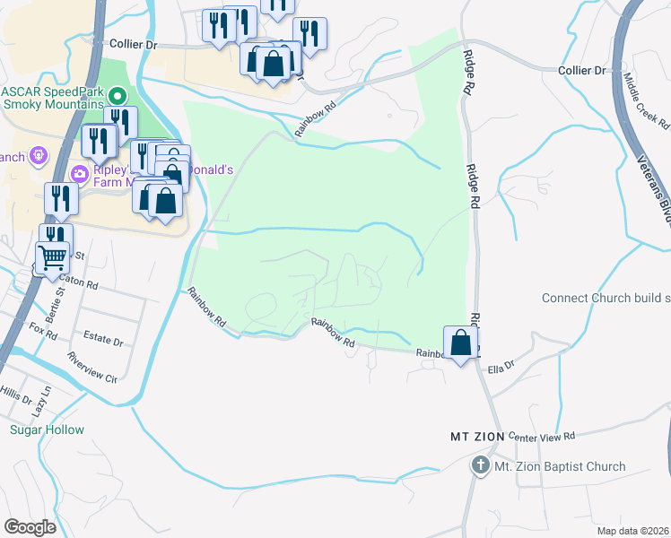 map of restaurants, bars, coffee shops, grocery stores, and more near 1584 Rainbow Ridge Way in Sevierville