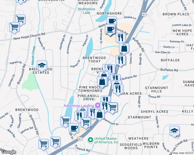 map of restaurants, bars, coffee shops, grocery stores, and more near 3124 McAdams Drive in Raleigh