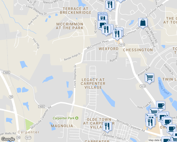 map of restaurants, bars, coffee shops, grocery stores, and more near 294 Linden Park Lane in Cary