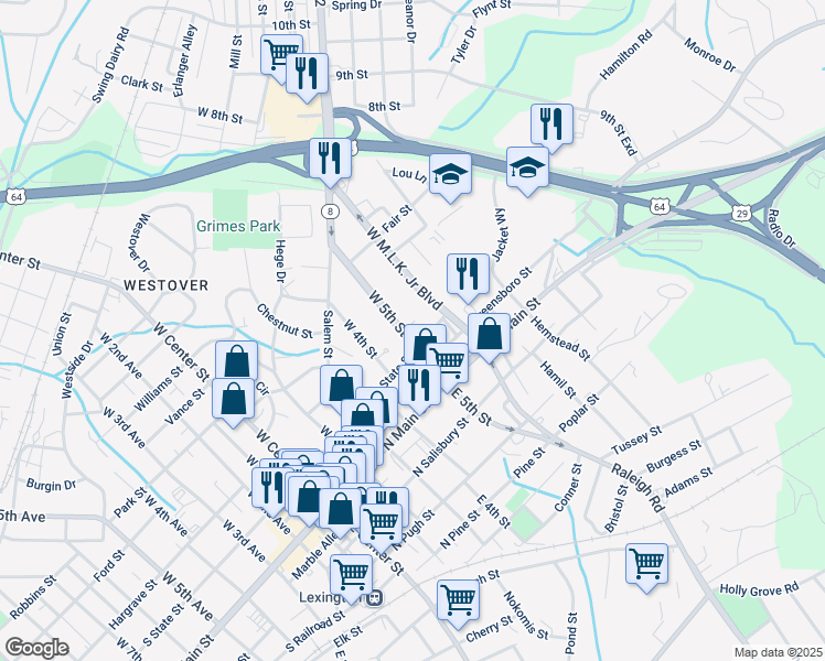 map of restaurants, bars, coffee shops, grocery stores, and more near 212 West 5th Street in Lexington