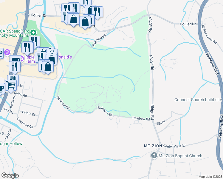 map of restaurants, bars, coffee shops, grocery stores, and more near 1584 Rainbow Ridge Way in Sevierville
