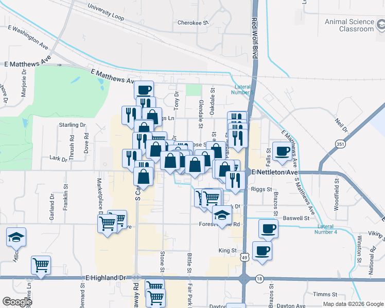 map of restaurants, bars, coffee shops, grocery stores, and more near 2705 Noble Drive in Jonesboro