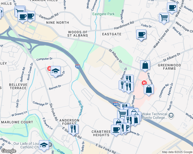 map of restaurants, bars, coffee shops, grocery stores, and more near 816 Navaho Drive in Raleigh