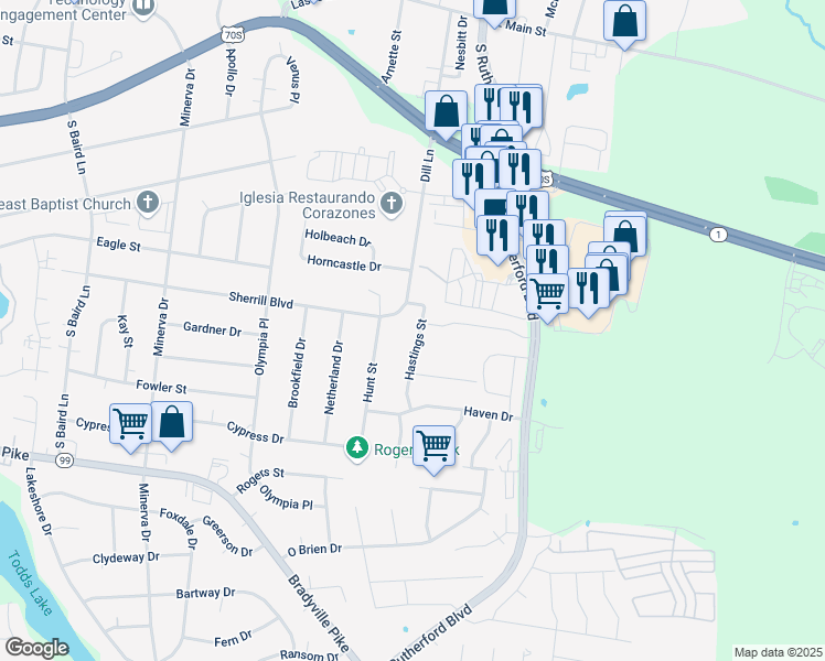map of restaurants, bars, coffee shops, grocery stores, and more near 836 Hastings Street in Murfreesboro