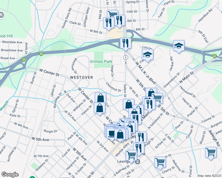 map of restaurants, bars, coffee shops, grocery stores, and more near 11 Hillcrest Circle in Lexington