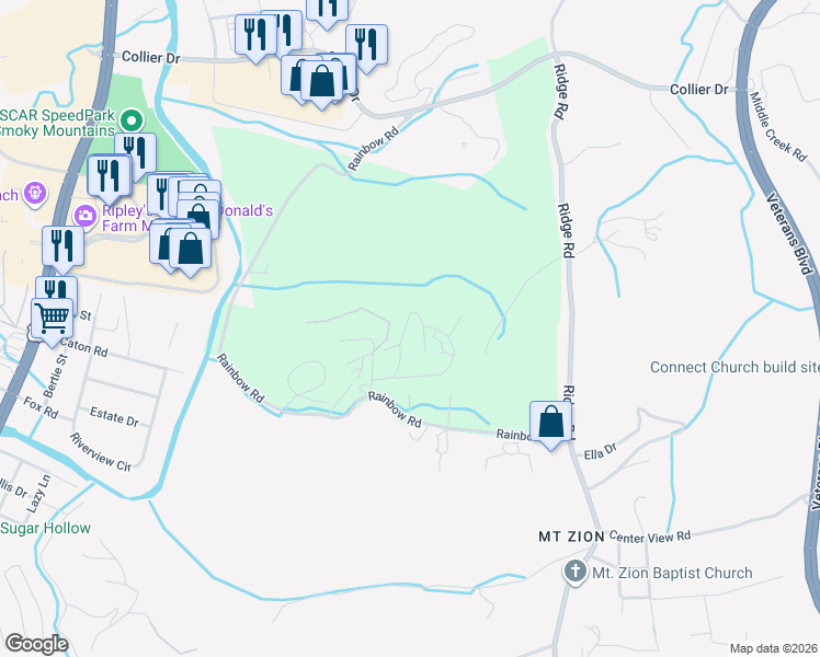 map of restaurants, bars, coffee shops, grocery stores, and more near 1584 Rainbow Ridge Way in Sevierville